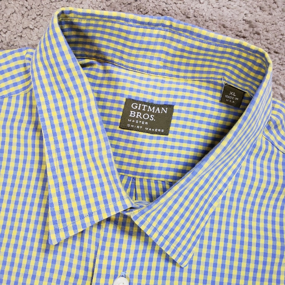 Gitman Bros Shirt Men Large Yellow Blue Micro Check Long Sleeve USA Casual